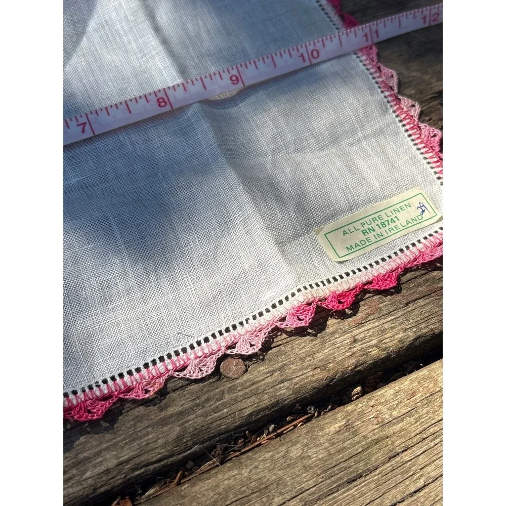 Vintage NWT Irish Linen Handkerchief With Pink Crochet Lace Trim‎